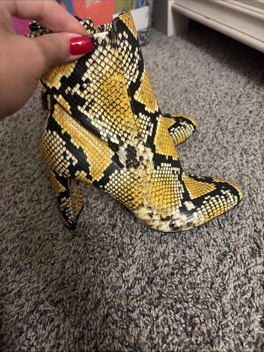 Aldo Yellow & Black Snake-Print Pointed Toe Ankle Boots